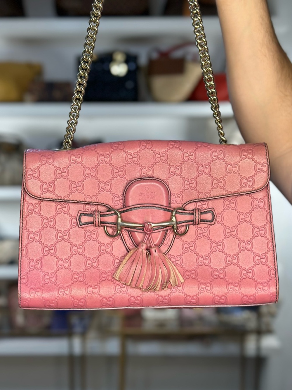 Gucci Pink GG Monogram Tassel Shoulder Bag with Gold Chain